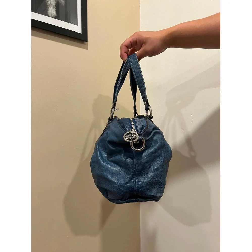 Coach Poppy Storypatch Blue Metallic Leather Satchel Bag 15233